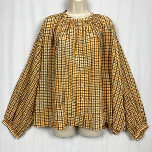 Doen Jane Blouse Women XL Brown Plaid Check Oversize Balloon Sleeve Cottage Boho